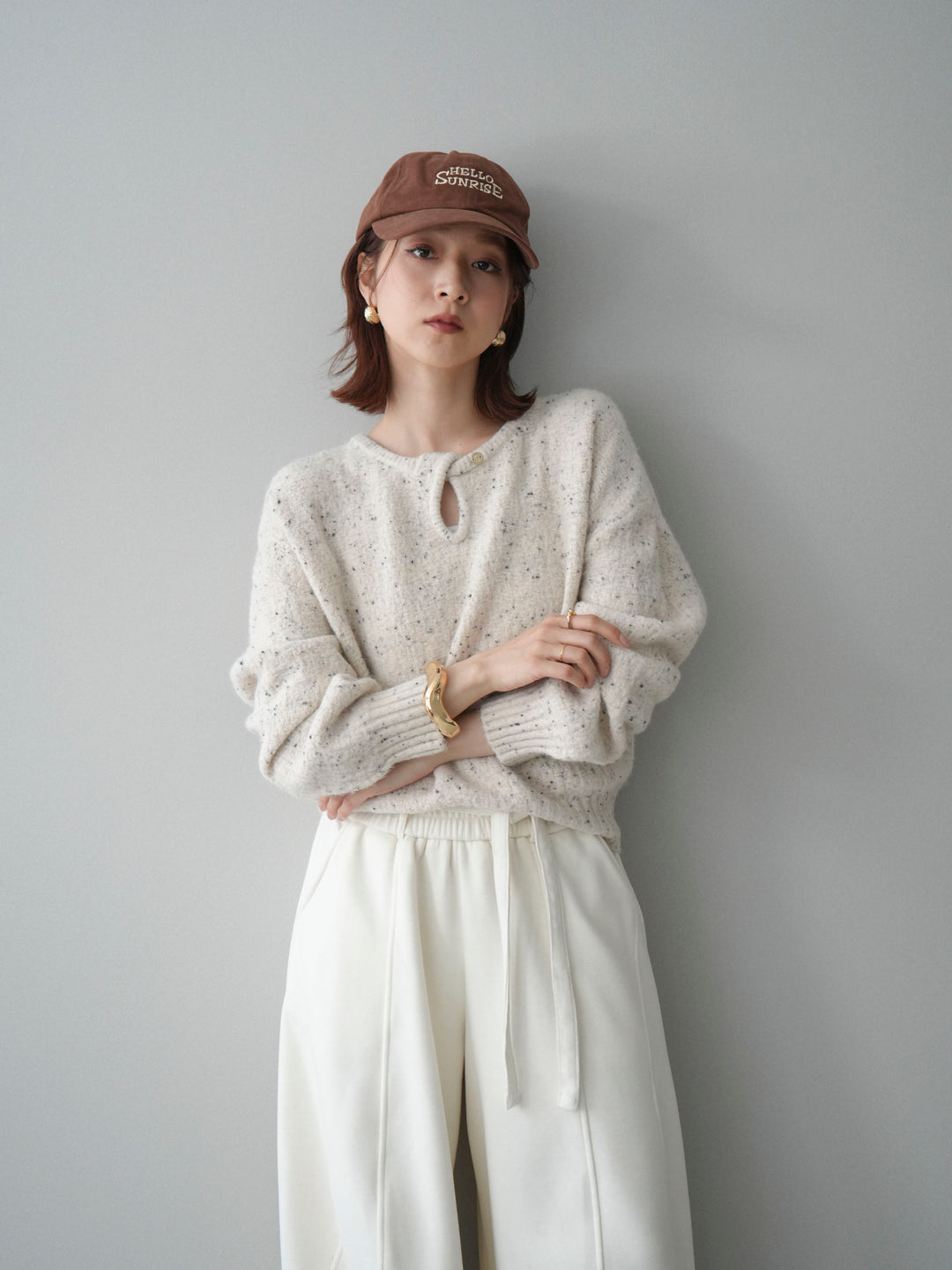 [SET]ツイストネックラメネップヤーンニットプルオーバー+ウエストベルトカーブラインスエットパンツ(2set)