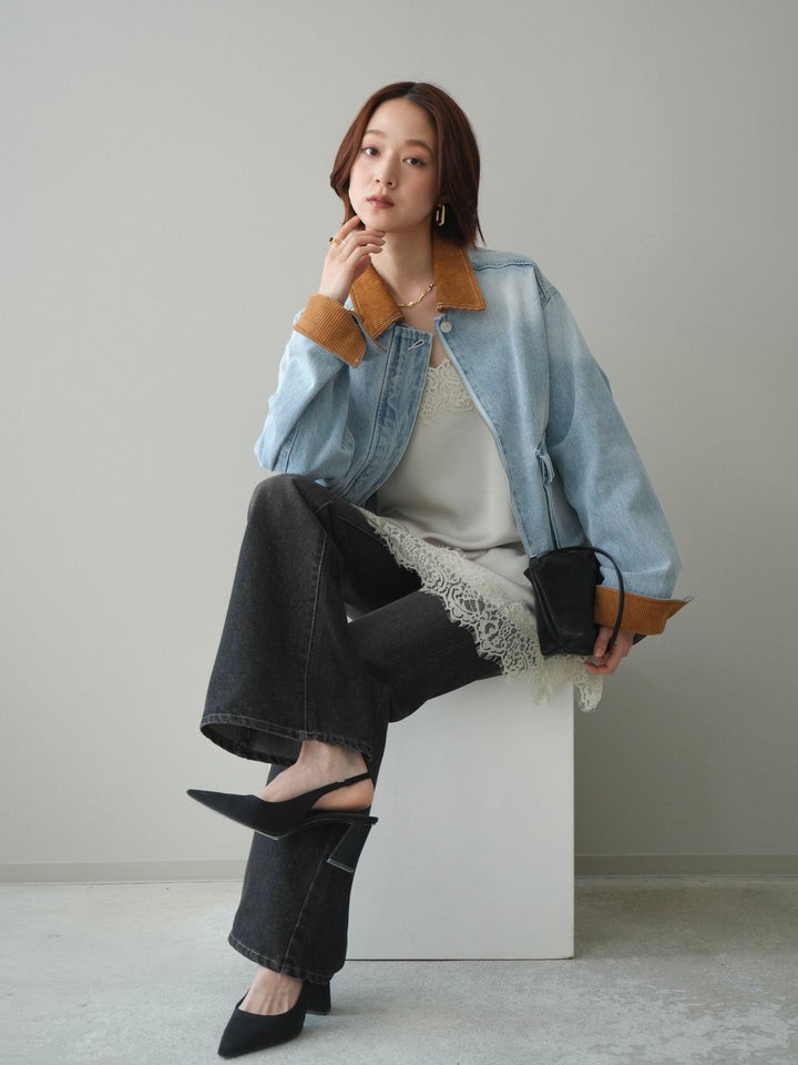 [予約]コーデュロイ×デニムショートカバーオール/bleach