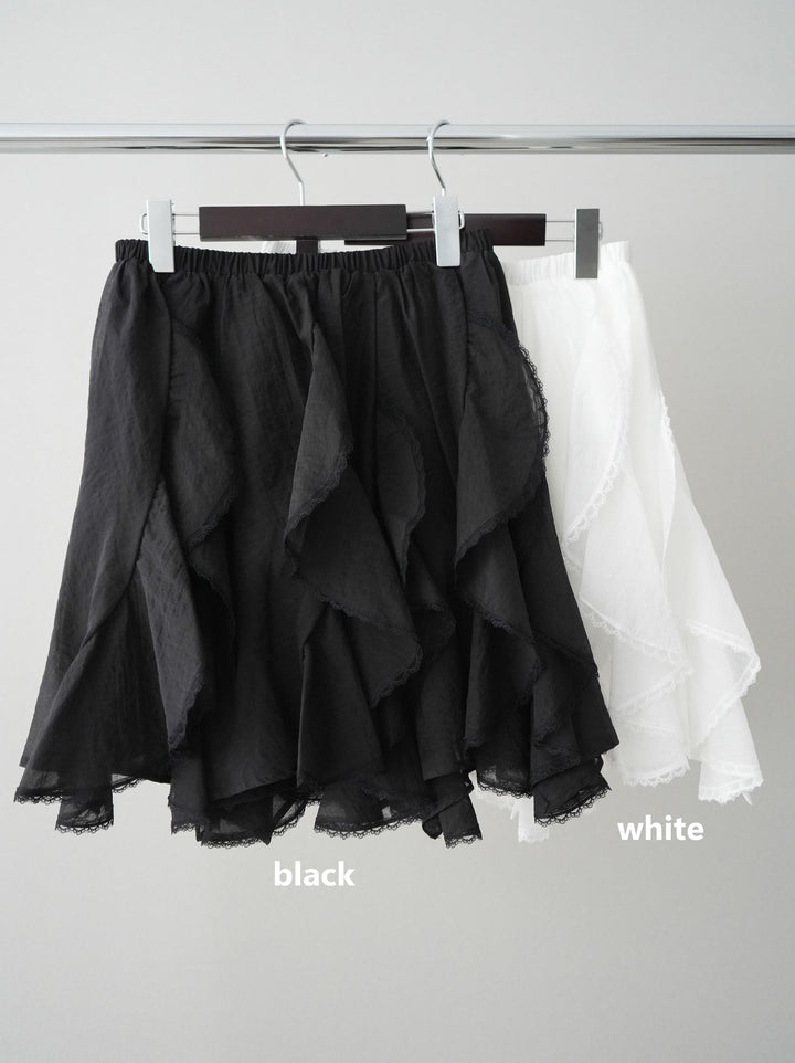 [SET]フェイクレザーボウタイブラウス+ラッフルレースミニスカート(2set)