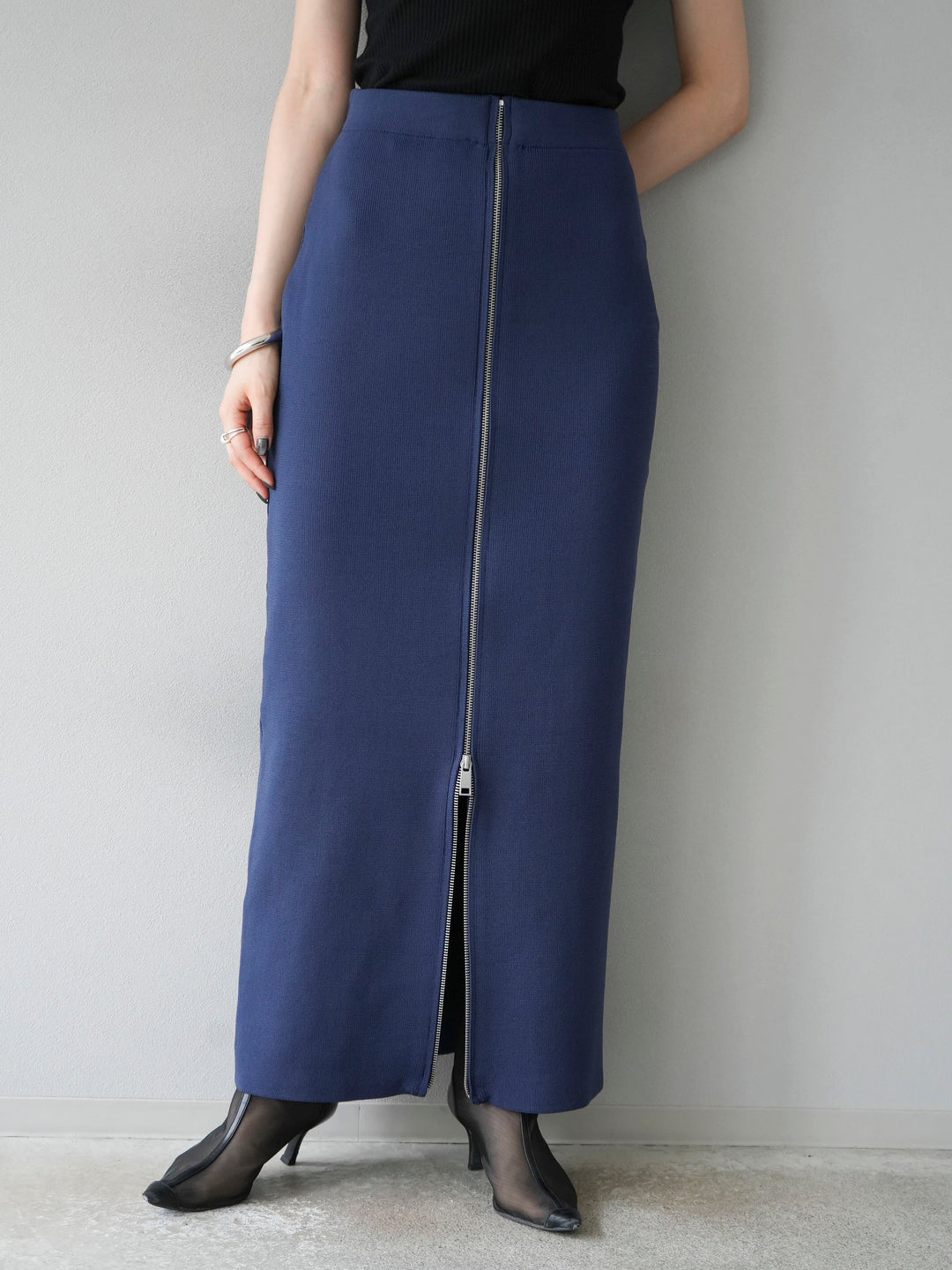 [予約]フロントジップニットタイトスカート/ネイビー