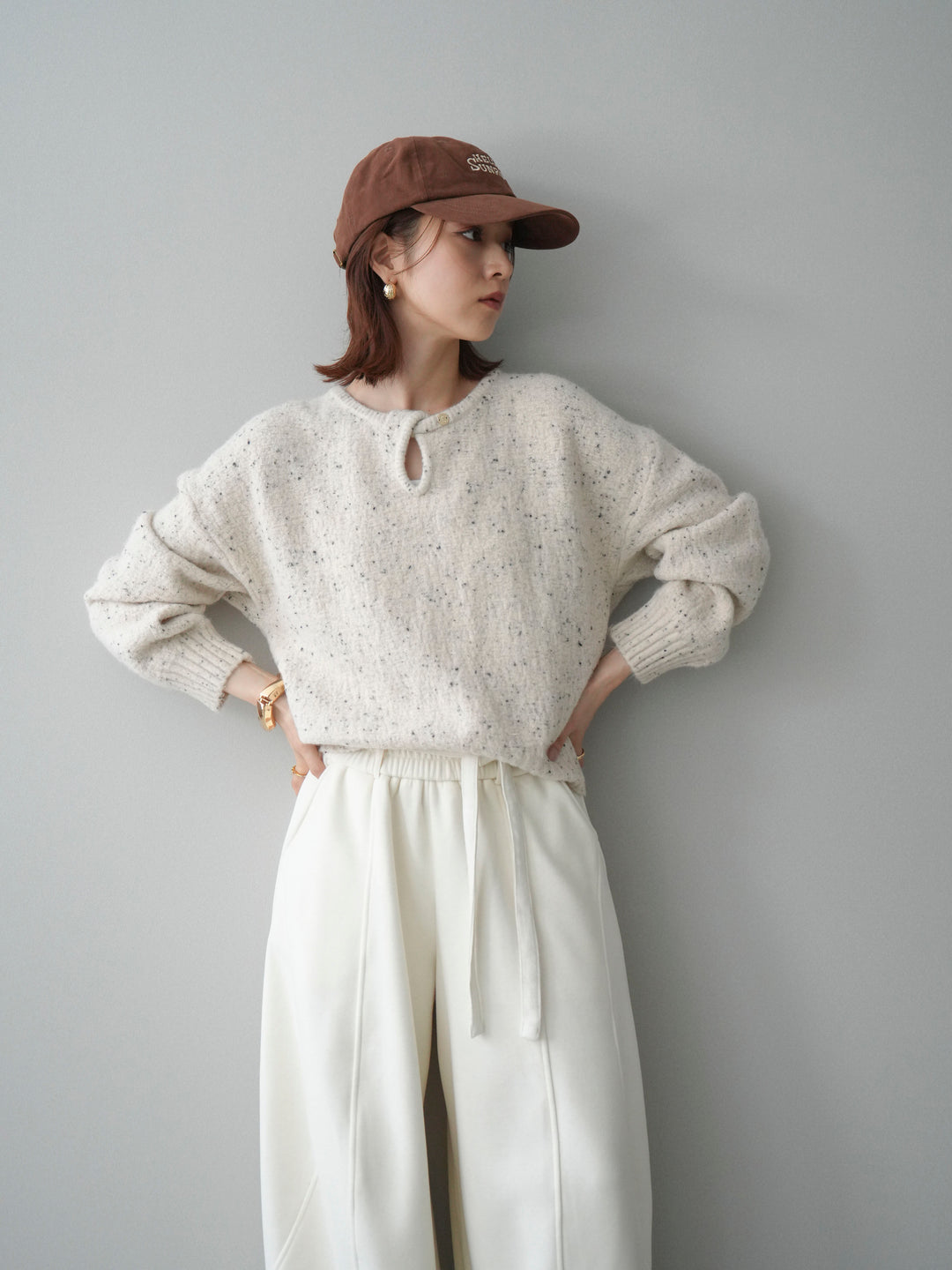 [予約]ツイストネックラメネップヤーンニットプルオーバー/ivory