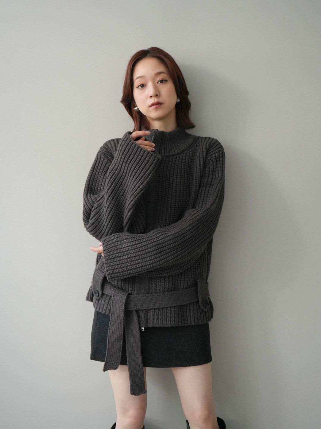 [予約]畦編みボトルネックZIPニットカーディガン/ gray