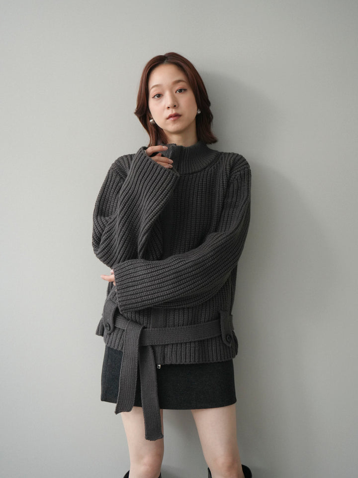 [予約]畦編みボトルネックZIPニットカーディガン/ gray