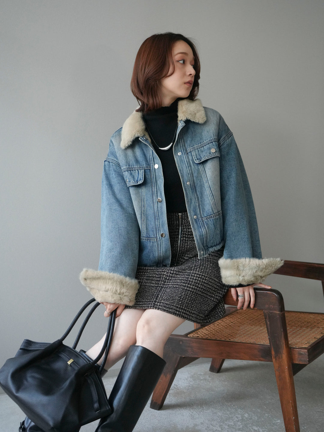 [予約]デニム×ファーステンカラーショートジャケット/lightblue