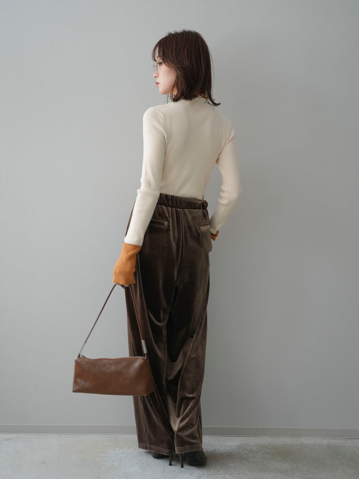[SET]袖ボタンハイネック配色リブニットトップス+ベロアベルトスリムパンツ(2set)