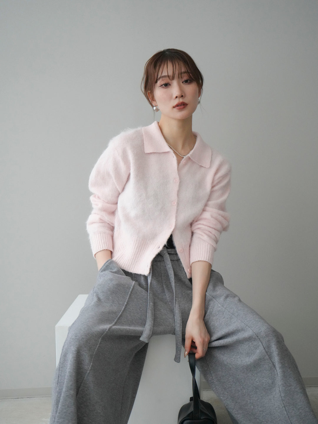 [予約]モヘア衿付きボタンプルオーバー/pink