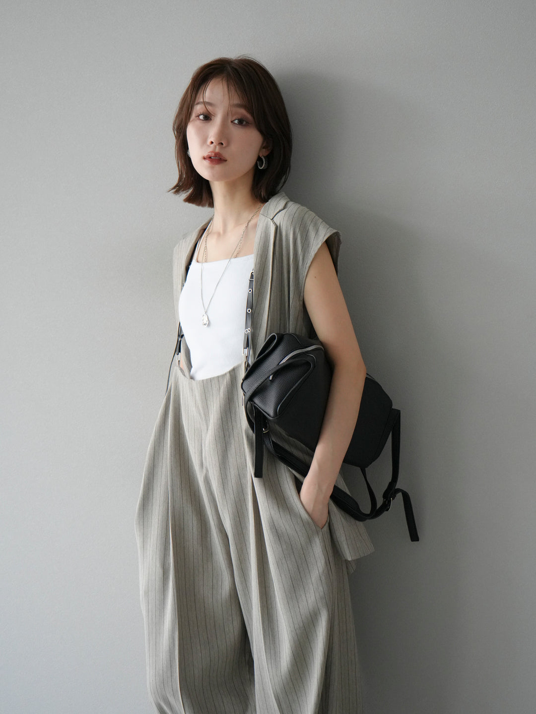 [SET]ヘリンボーンストライプジレ+ヘリンボーンストライプサロペット(2set)