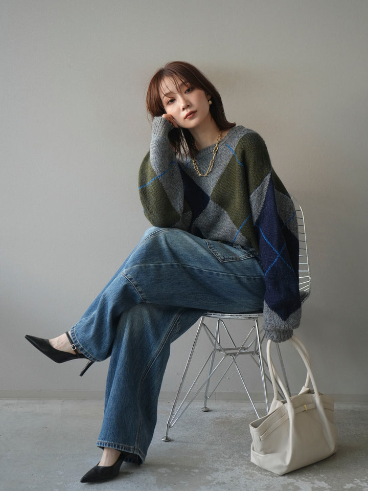 [SET]配色ステッチアーガイル柄ニットプルオーバー+選べるアクセセット(2set)