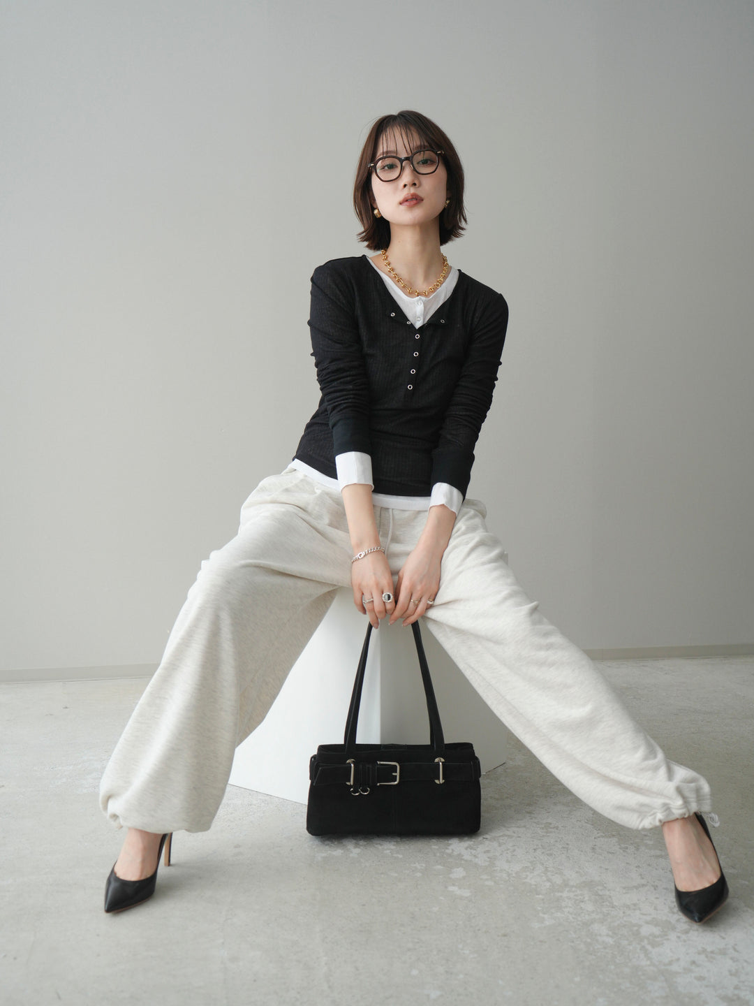 [予約]シアーリブヘンリーネックロンT/black