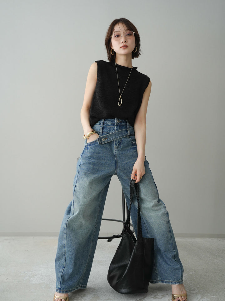 【套裝】無袖亞麻質感透視針織套頭衫 + 不對稱闊腿牛仔褲（兩件套）