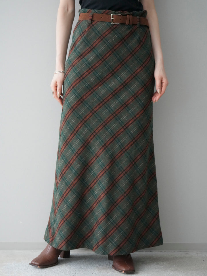[予約]ベルト付チェック柄ナロースカート/green