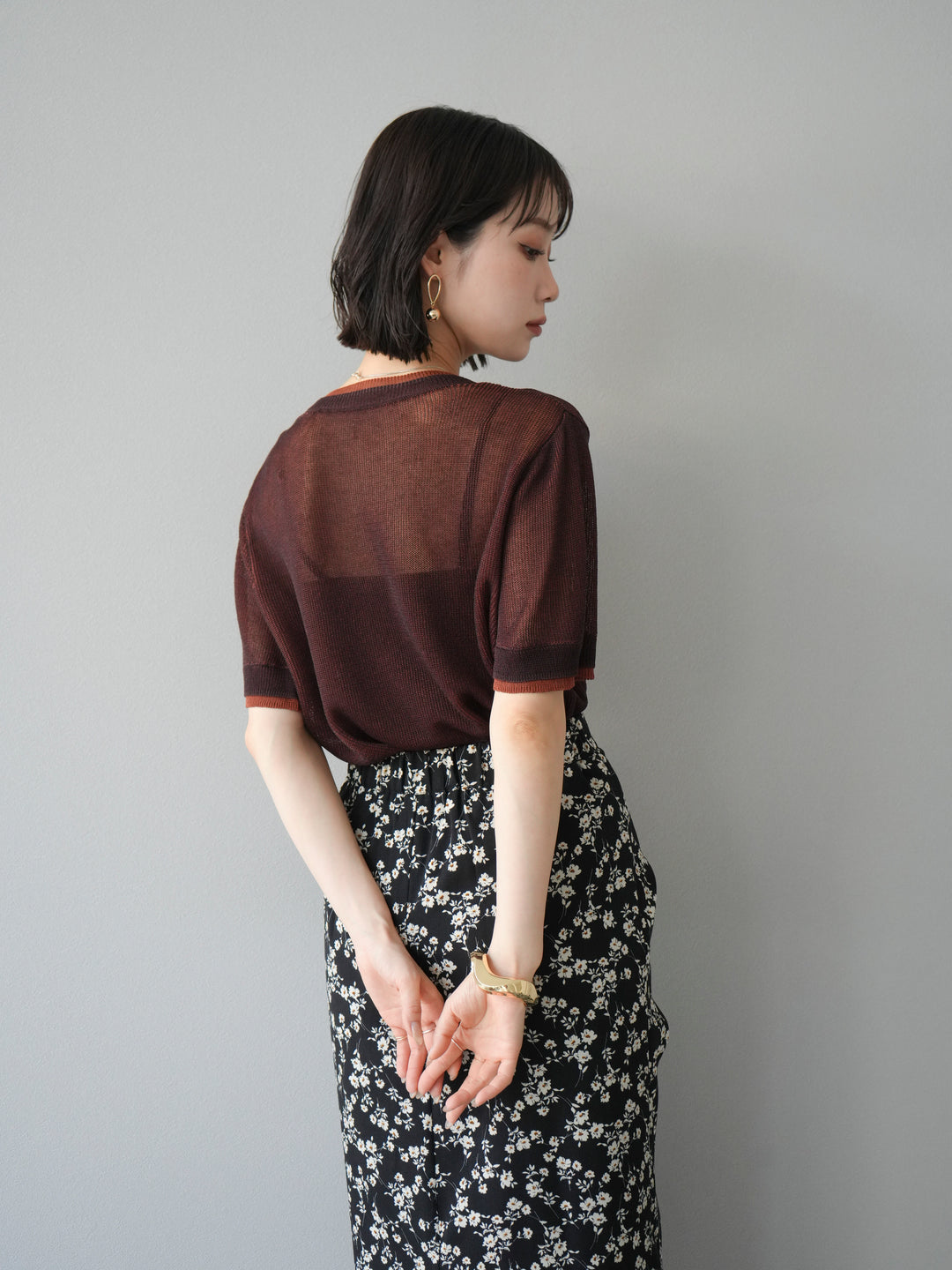 [SET]リネンタッチ配色二重臼ハーフニットトップス+選べるアソート柄スカートセット(2set)