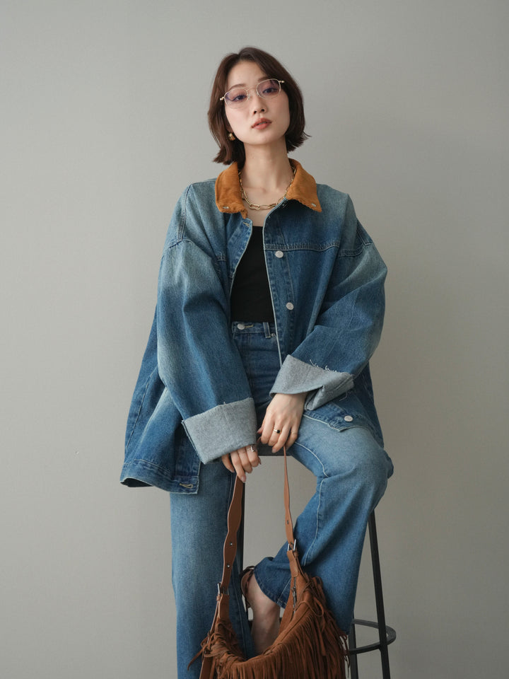 [SET]コーデュロイ×デニムミドルジャケット+フレアデニムパンツ(2set)