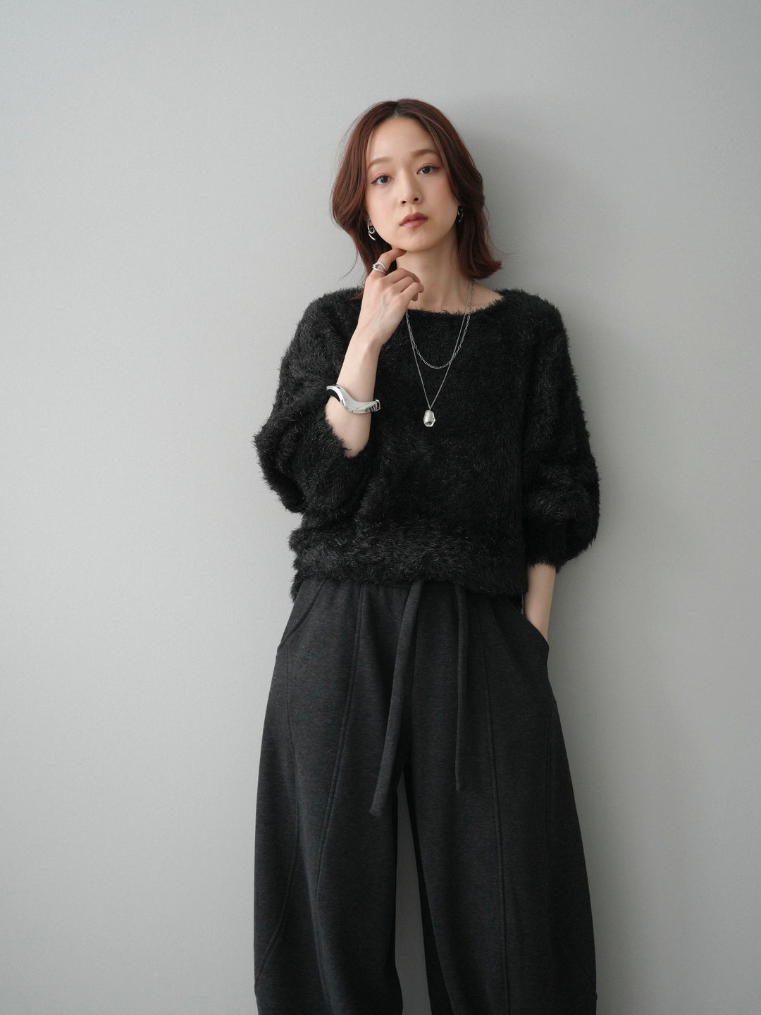 [予約]ラメシャギードルマンニットプルオーバー/black