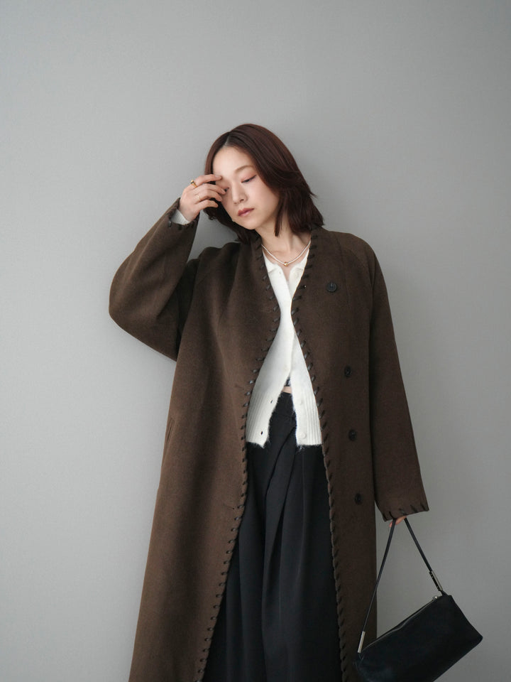 [SET]ハンドステッチ裏中綿ロングコート+モヘア衿付きボタンプルオーバー+テープベルトタックバギーパンツ(3set)