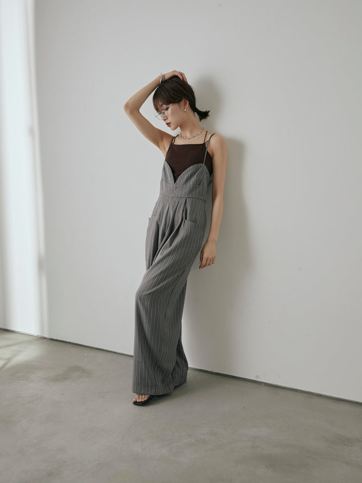 [予約]ヘリンボーンストライプサロペット/チャコール