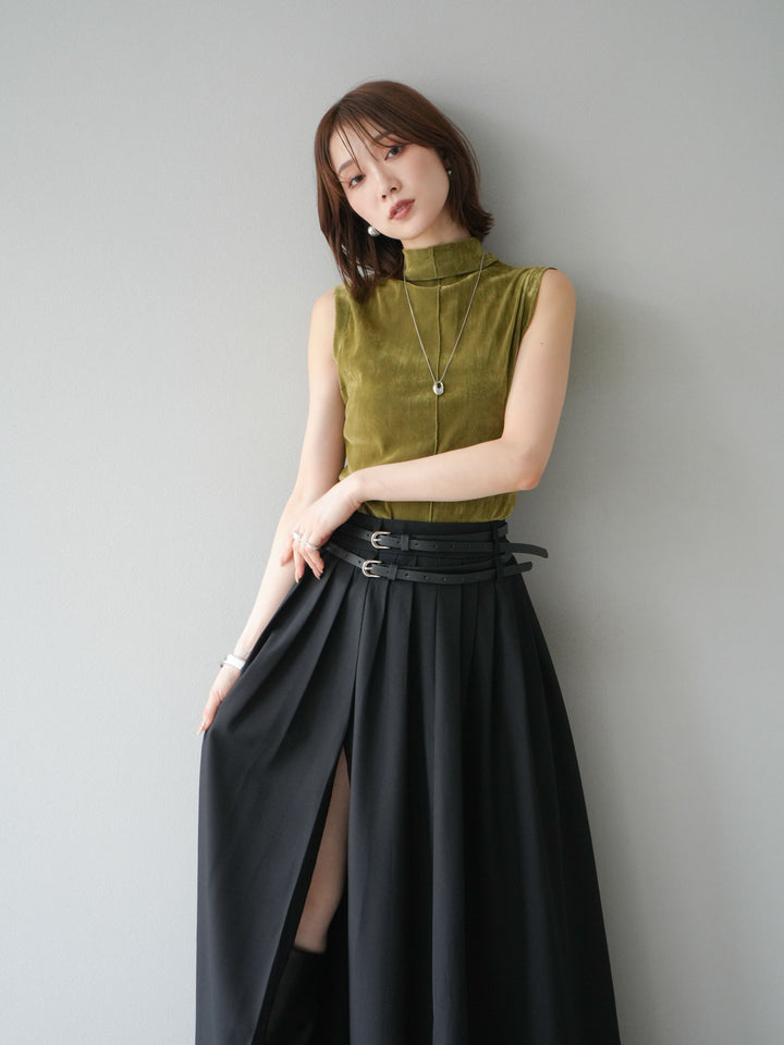 [SET]シアーベロアプチネックノースリーブトップス+エステルプリーツスリットスカート(2set)