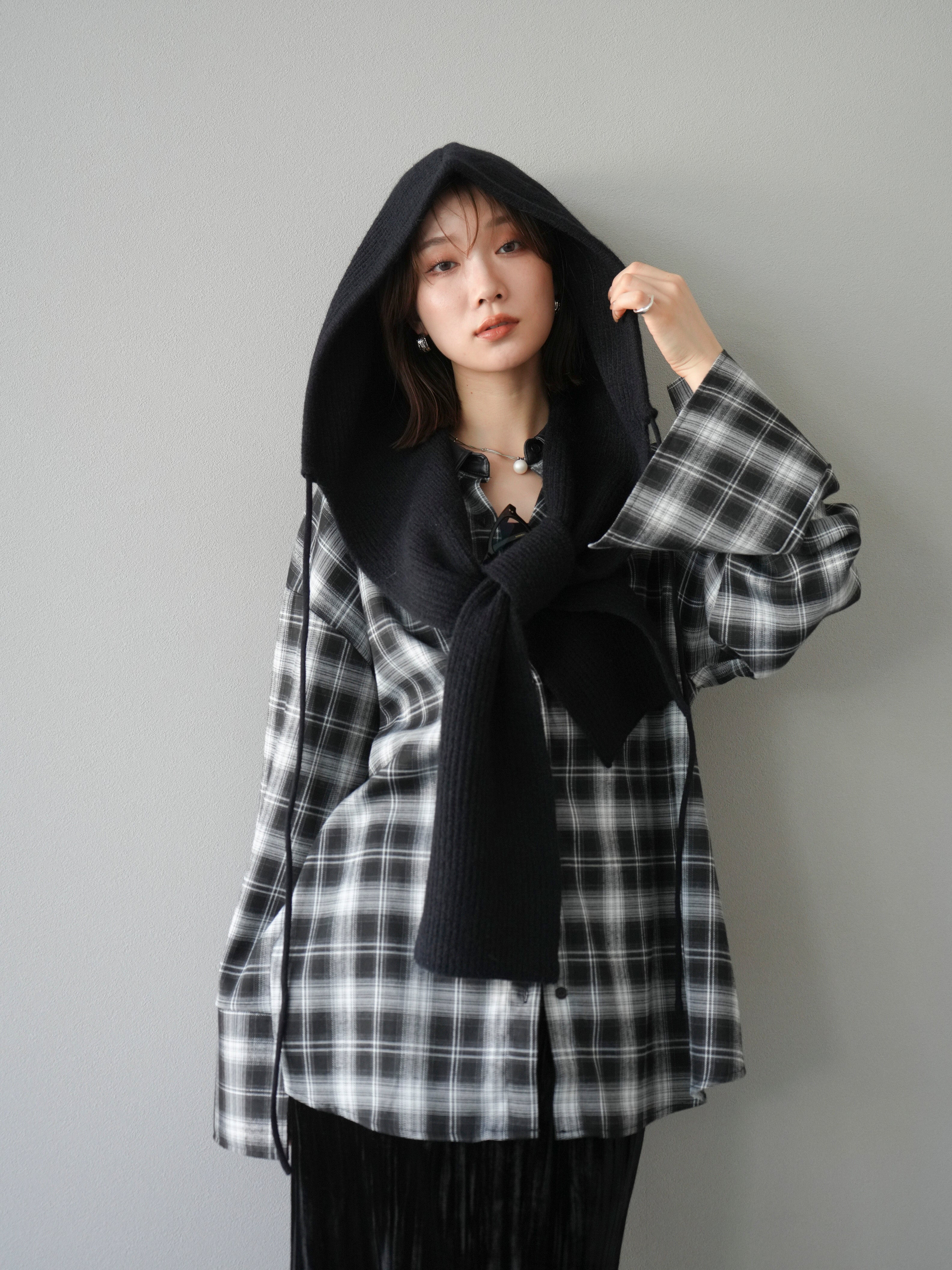 オンブレ　チェック シャツ grunge archive hyde V系　y2k SET]レザー襟オンブレチェックオーバーシャツ +クラッシュベロアナロー
