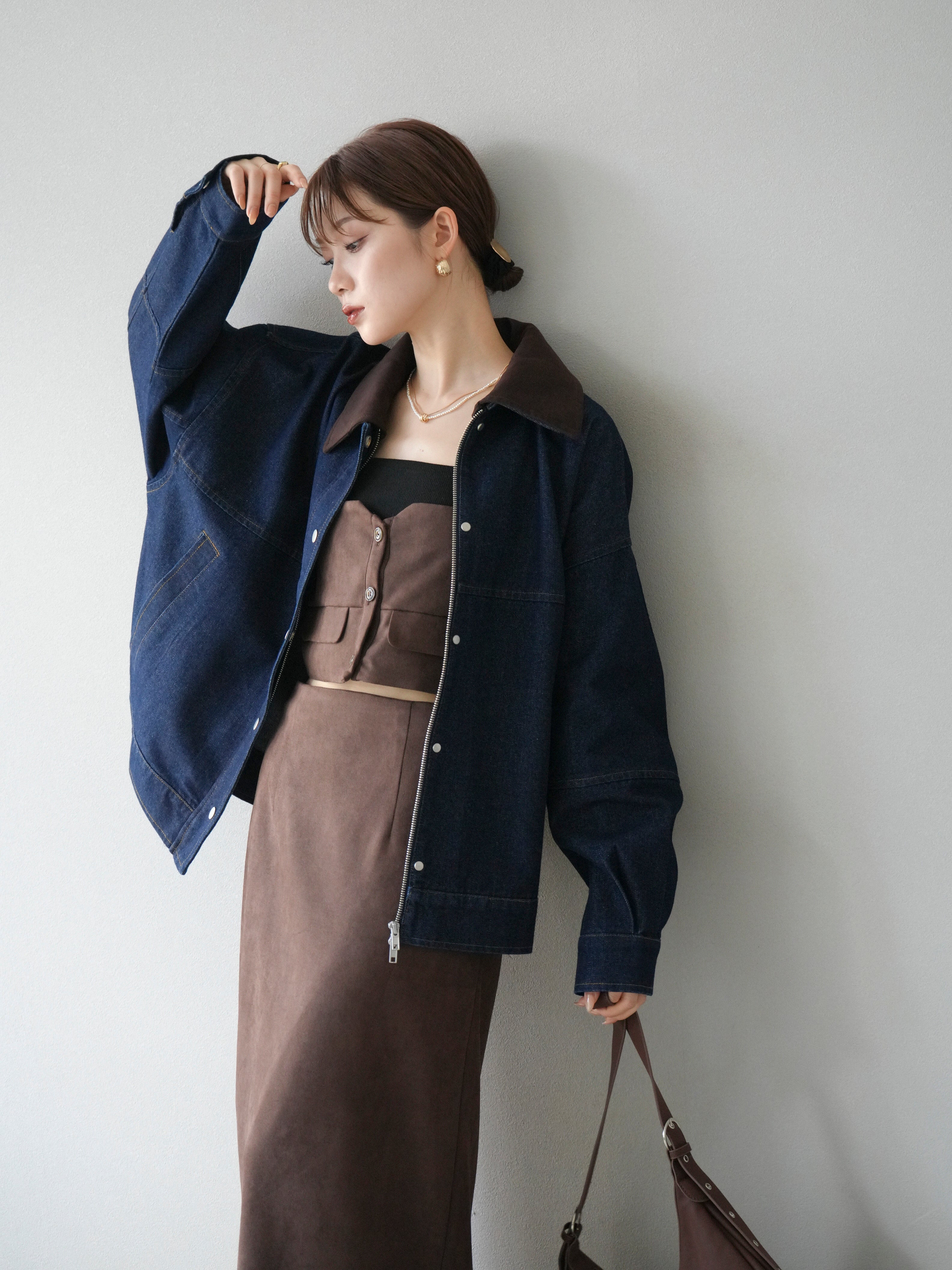 予約]スウェード襟切替デニムブルゾン/インディゴ – Lumier
