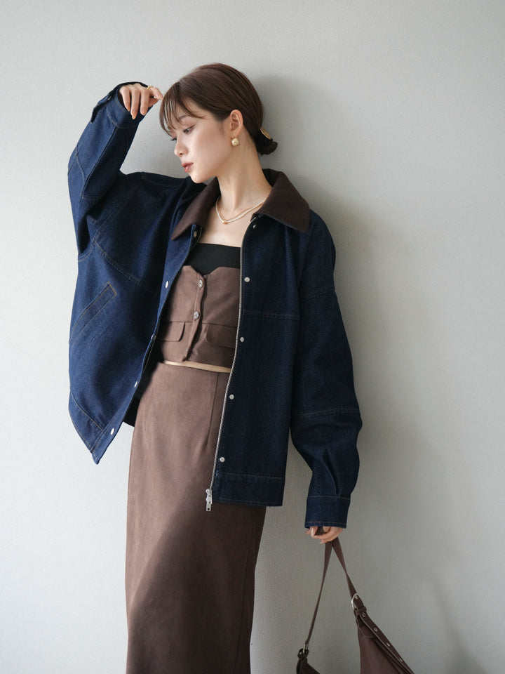 [予約]スウェード襟切替デニムブルゾン/インディゴ