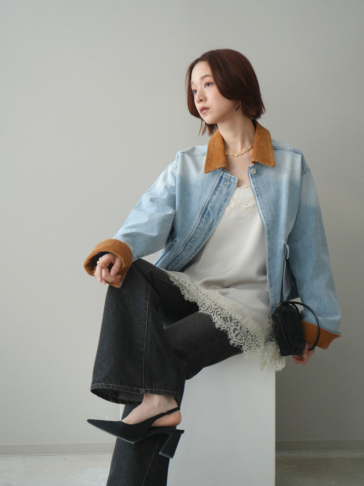 [予約]コーデュロイ×デニムショートカバーオール/bleach