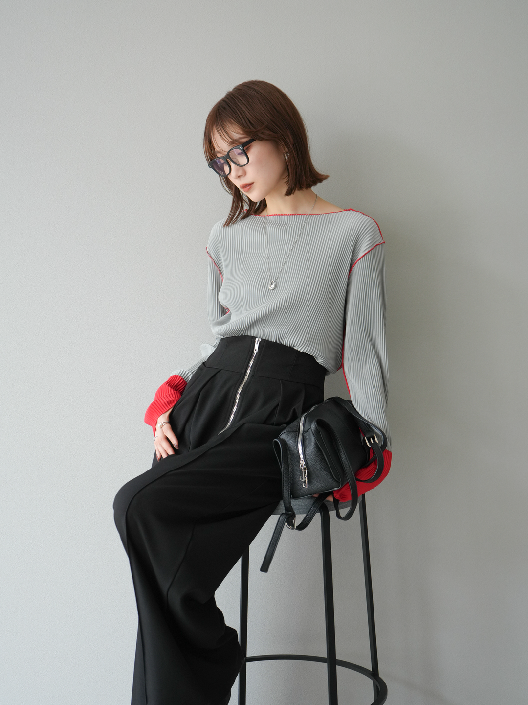 [予約]バイカラープリーツトップス/グレー