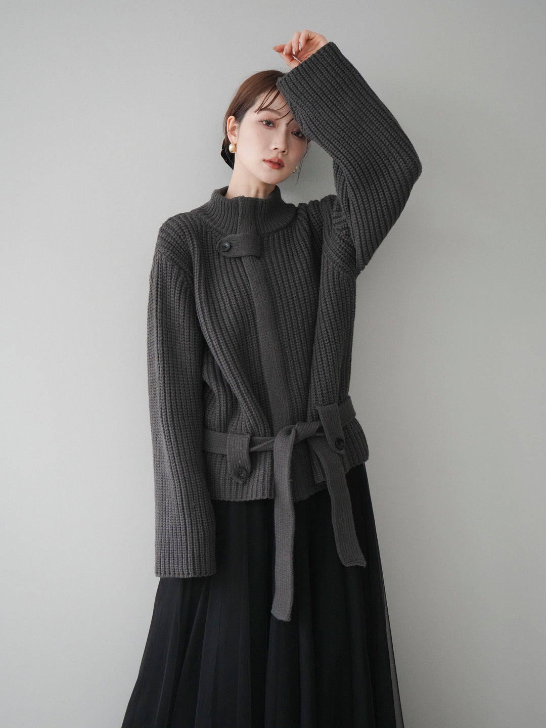 [予約]畦編みボトルネックZIPニットカーディガン/ gray