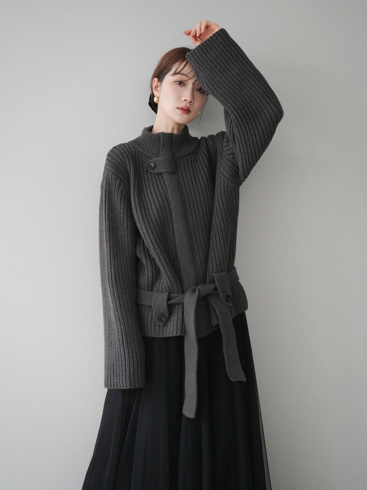 [予約]畦編みボトルネックZIPニットカーディガン/ gray