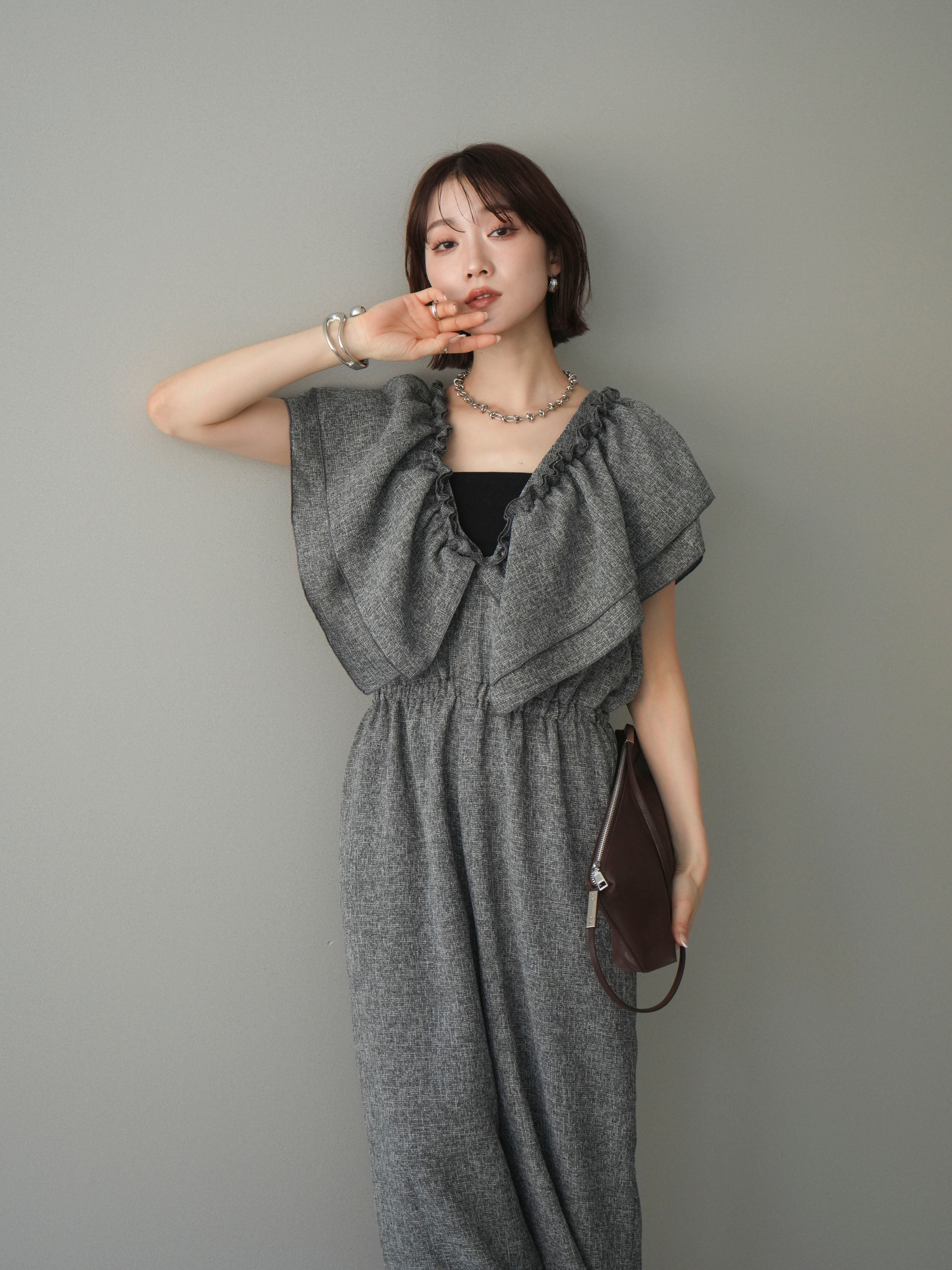 SET]3WAYミックスツイードギャザーオールインワン+選べるアクセセット