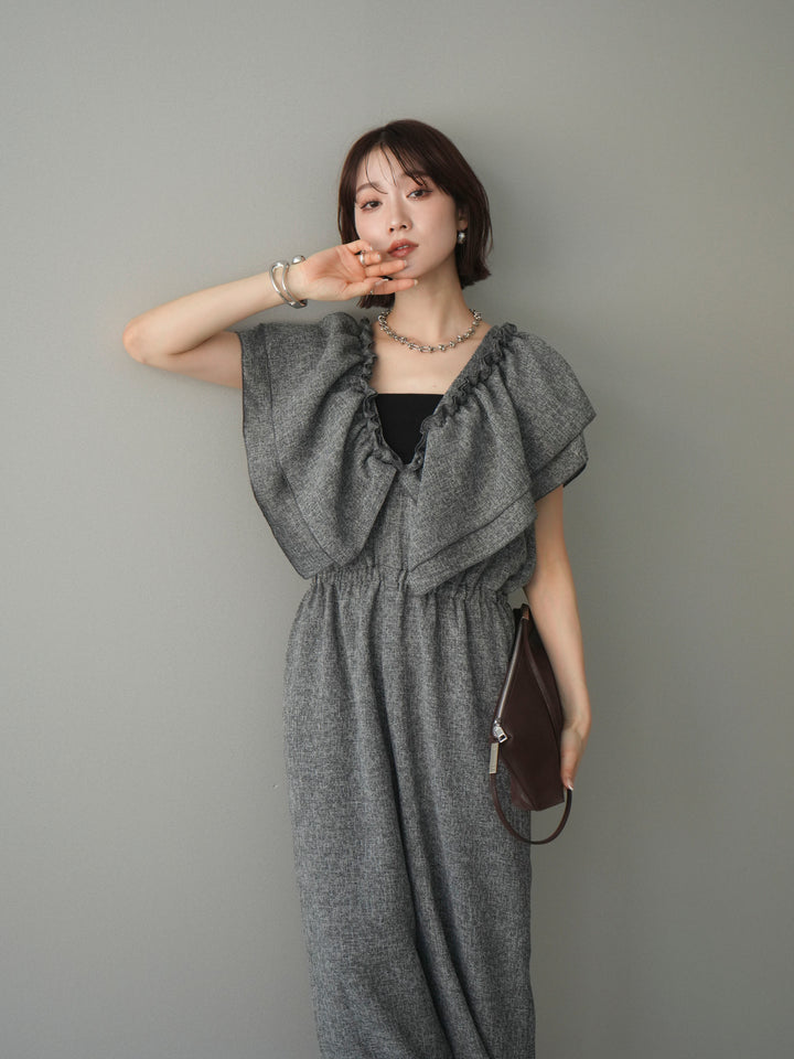 [SET]3WAYミックスツイードギャザーオールインワン+選べるアクセセット(2set)