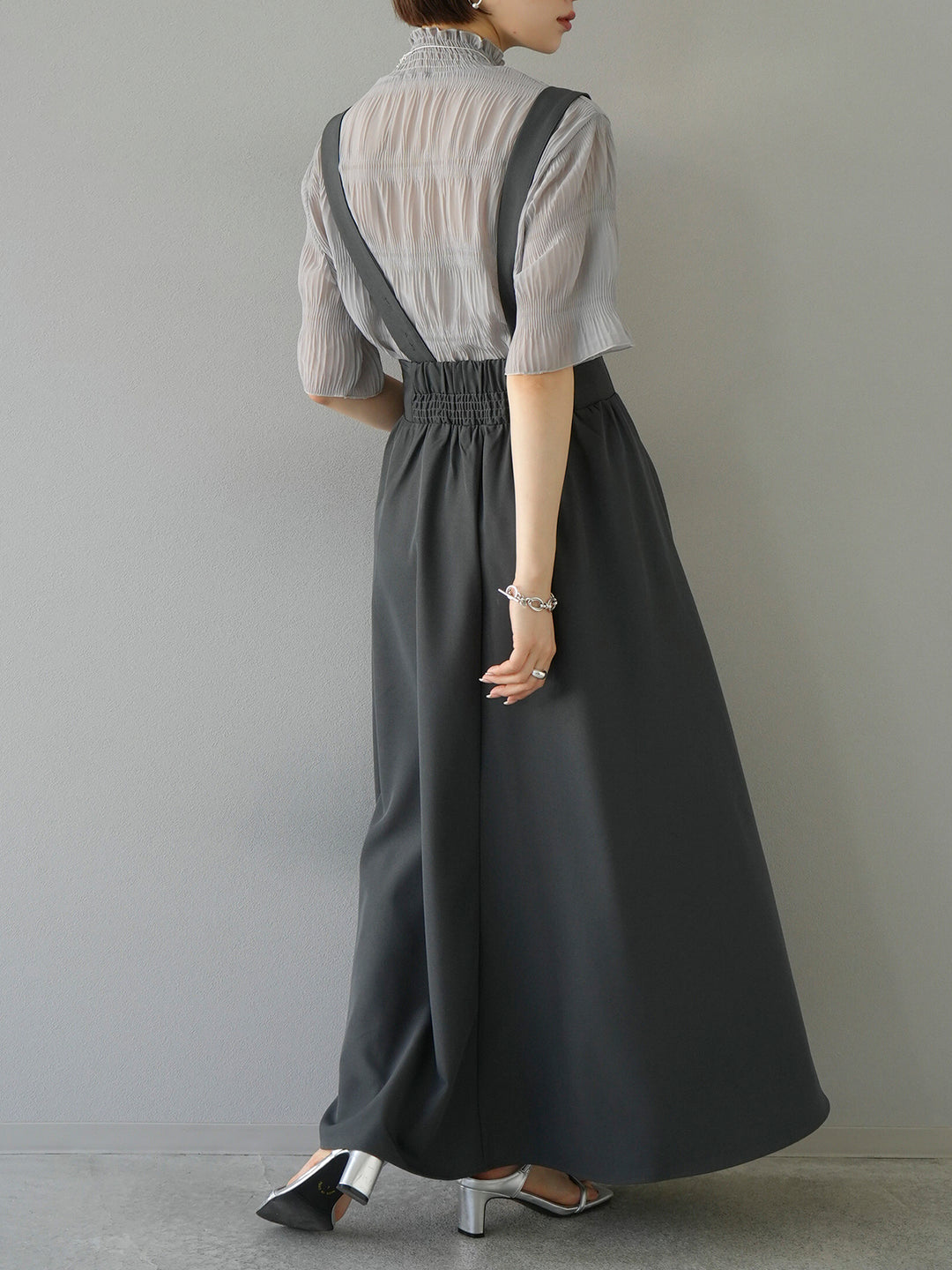 [SET] Shirring chiffon half sleeve blouse + 2WAY flare jumper skirt (2set)