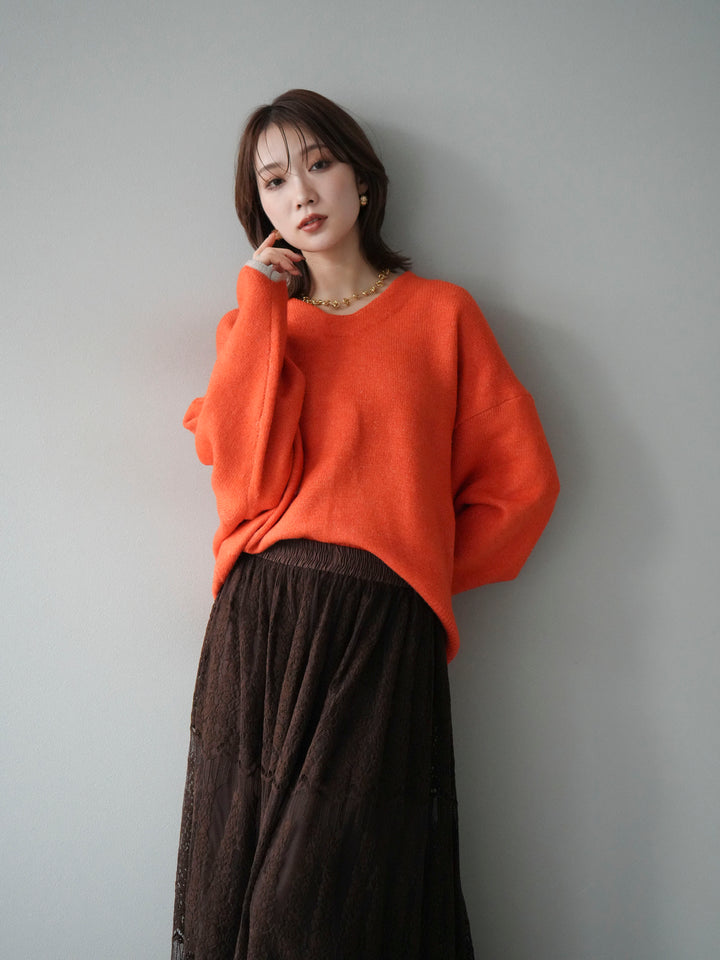 【預購】V領拼色袖針織套頭衫/橘色