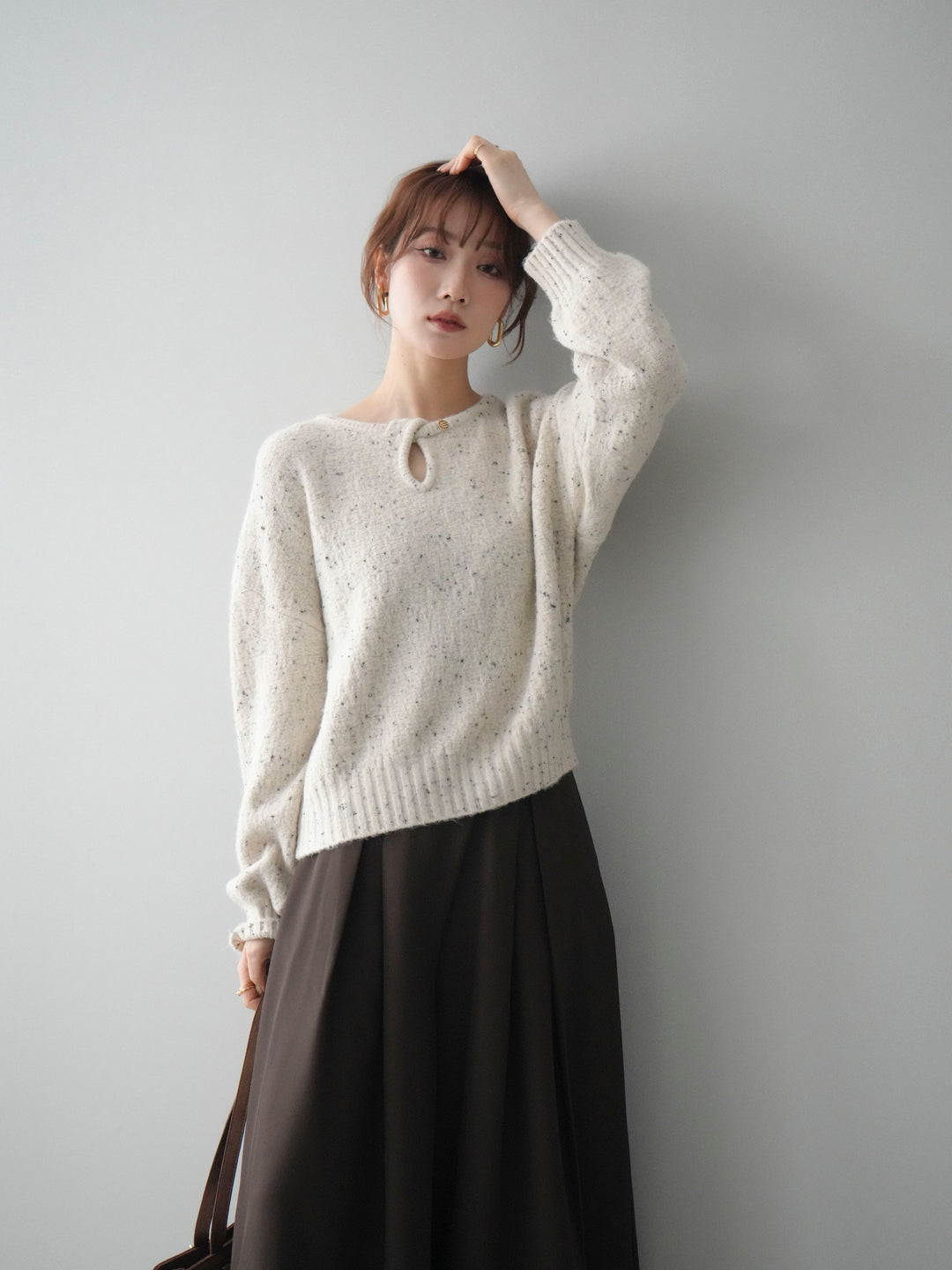 [予約]ツイストネックラメネップヤーンニットプルオーバー/ivory