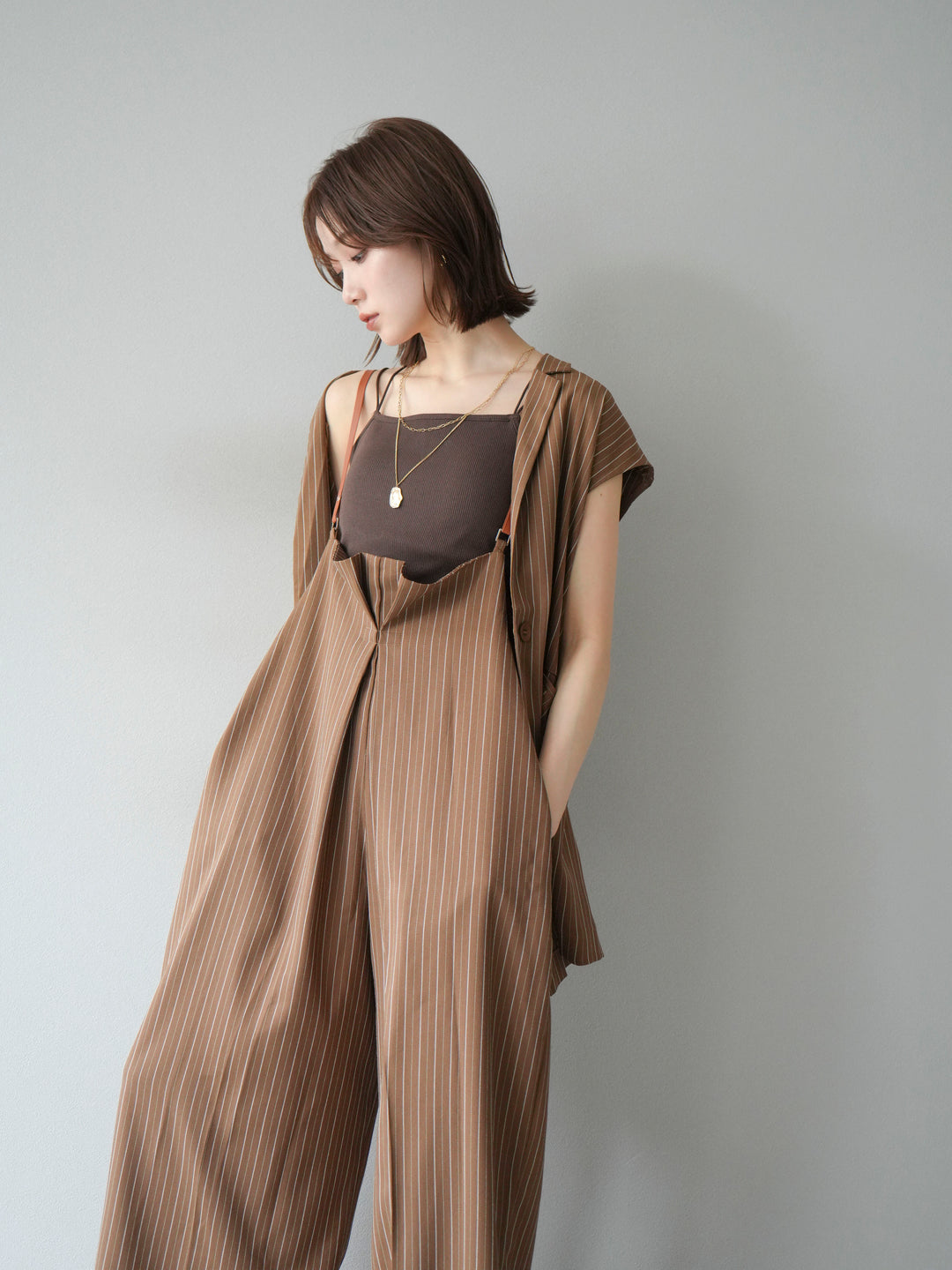 【着回しセット】[SET]ヘリンボーンストライプジレ+シアー切替ベロアトップス+ヘリンボーンストライプサロペット(3set)