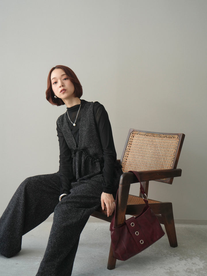 [SET]3WAYミックスツイードギャザーオールインワン+シアープチネックストレッチトップス(2set)