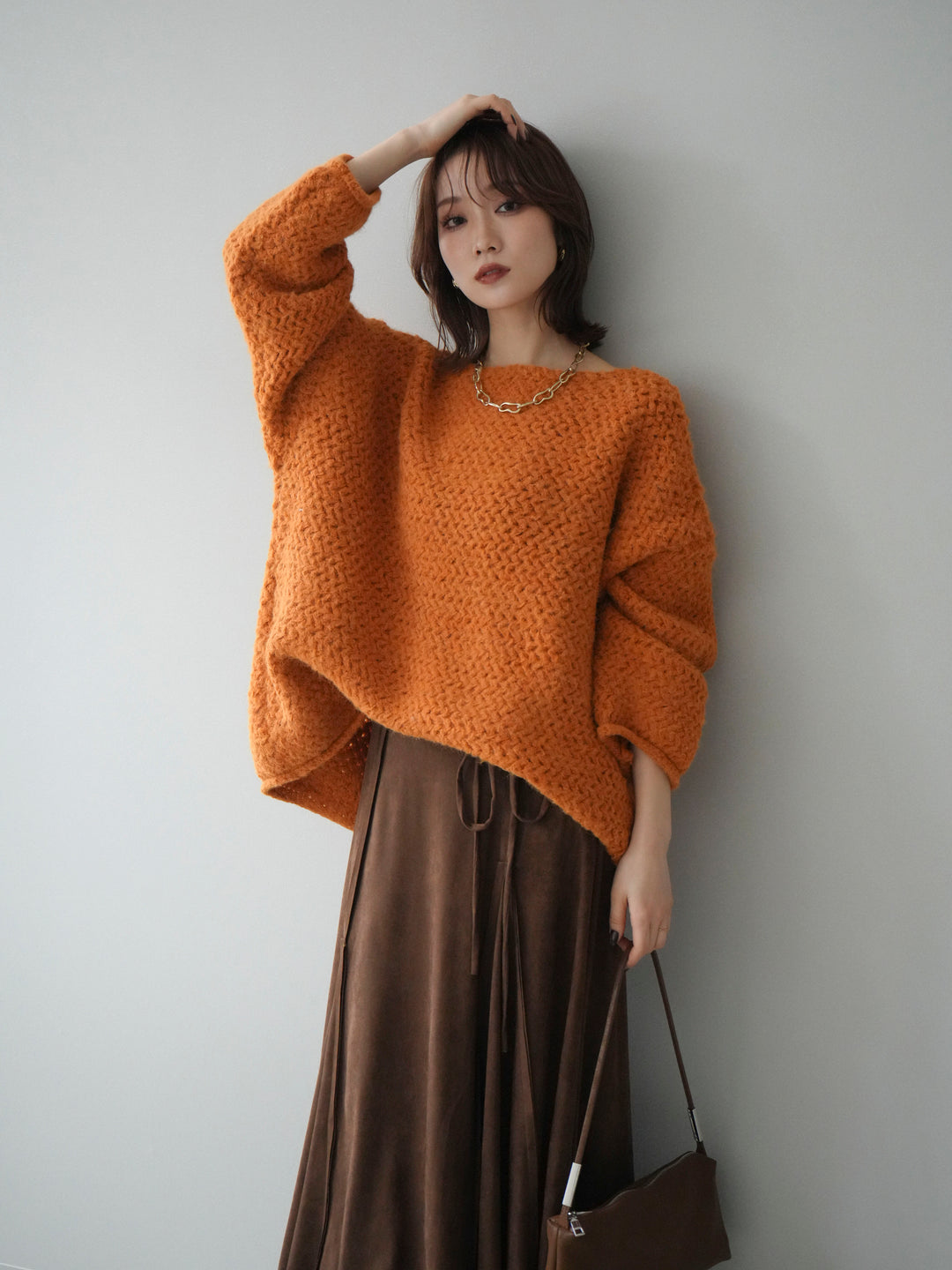[予約]ワッフル編みオーバーニットプルオーバー/mustard