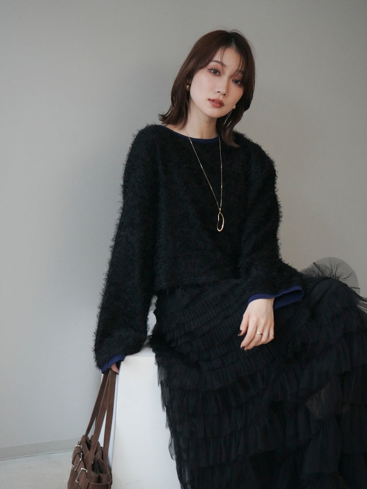 [予約]バイカラー2WAYシャギーニットカーディガン/black
