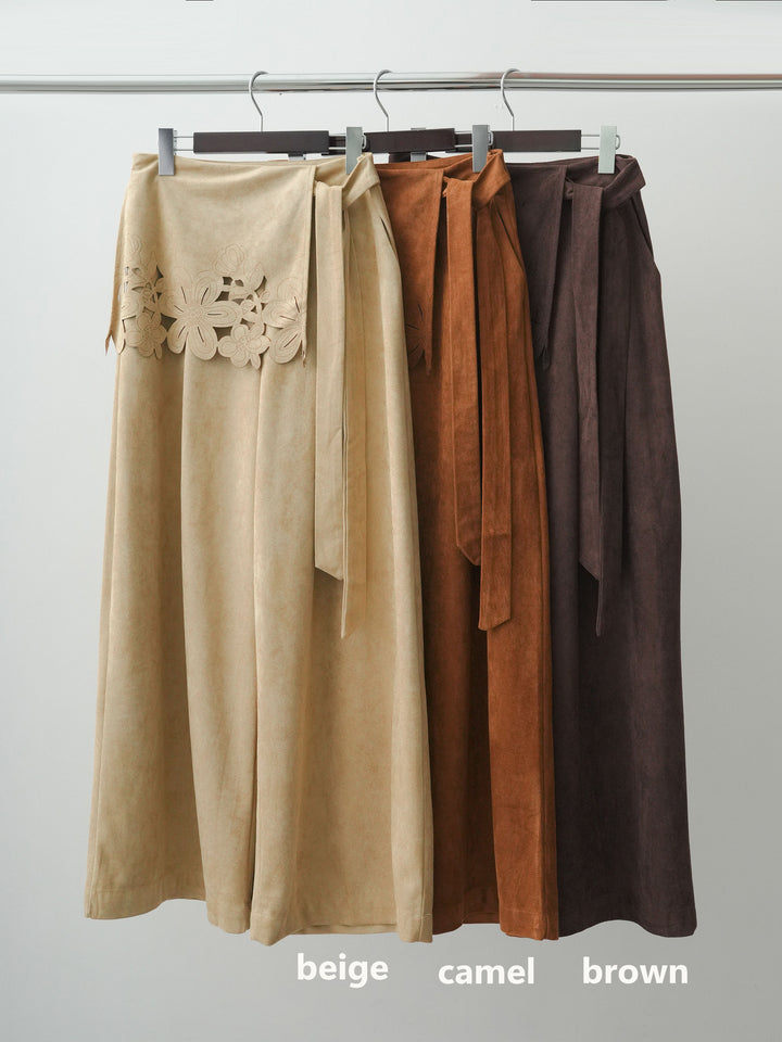 【套裝】雙色不對稱疊層設計上衣+麂皮絨鏤空寬褲（兩件組）