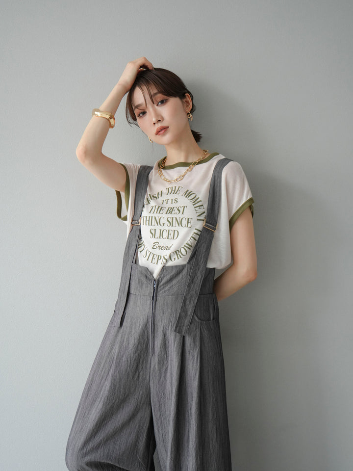 [SET]ストリングデザインハイウエストサロペット+シアーフライス ロゴプリントT (2set)