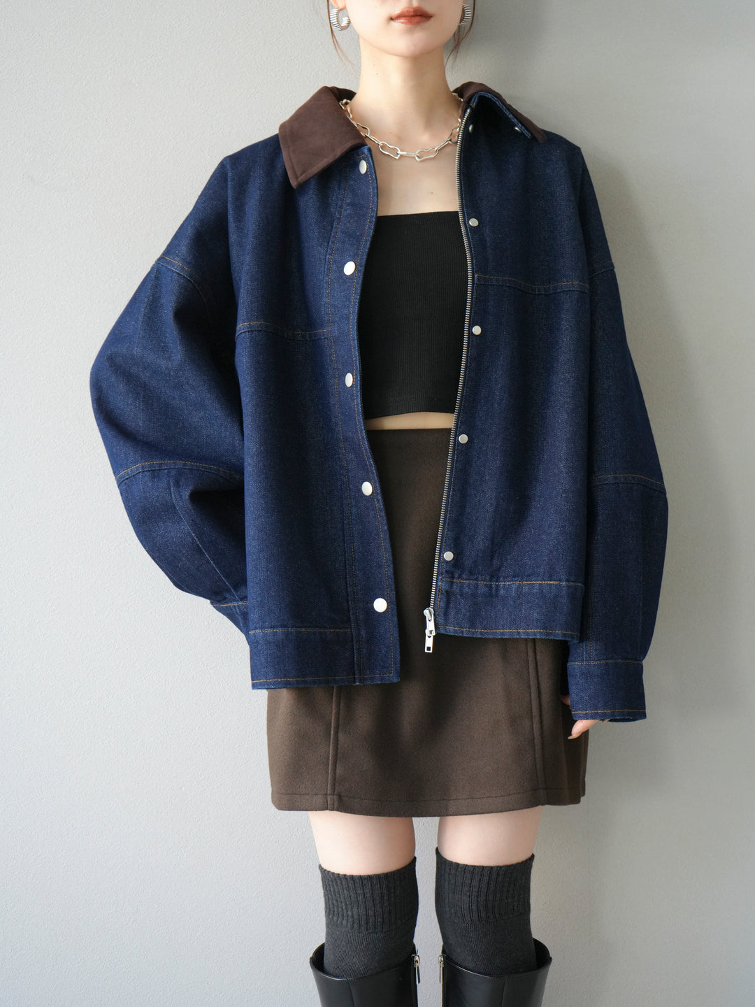 [予約]スウェード襟切替デニムブルゾン/インディゴ