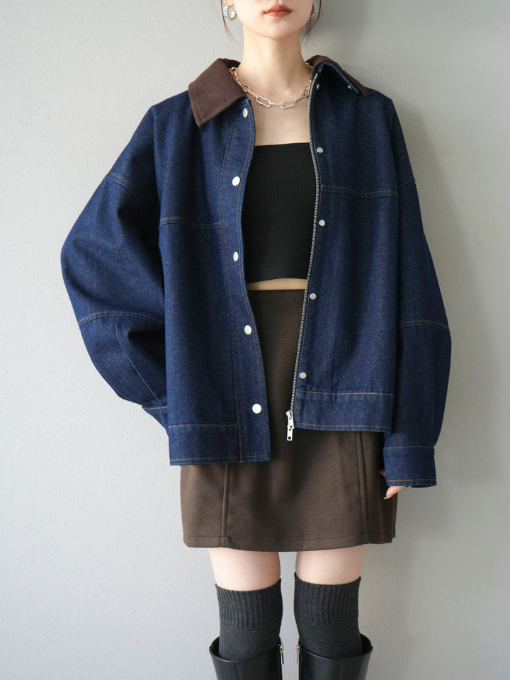 [予約]スウェード襟切替デニムブルゾン/インディゴ