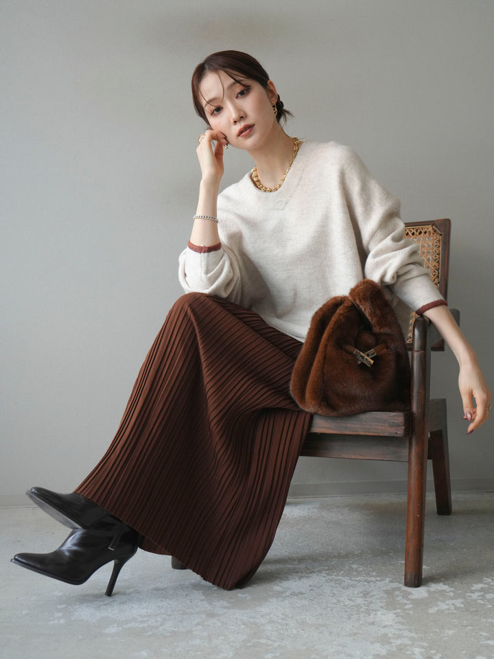 [SET]Vネック配色スリーブニットプルオーバー+選べるアクセセット(2set)