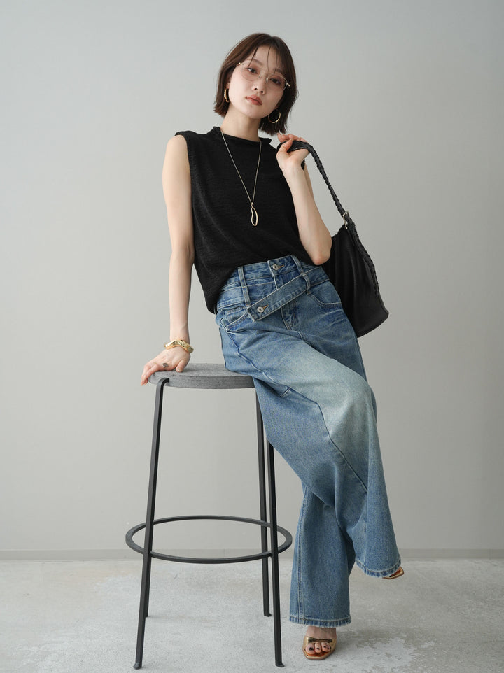 【套裝】無袖亞麻質感透視針織套頭衫 + 不對稱闊腿牛仔褲（兩件套）