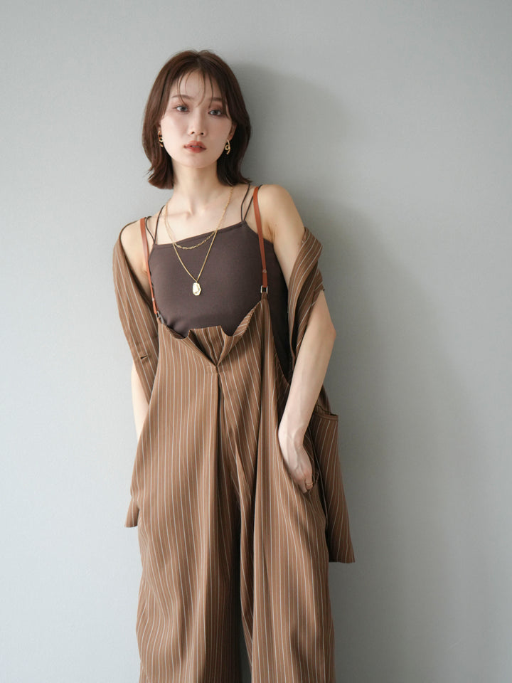 【着回しセット】[SET]ヘリンボーンストライプジレ+シアー切替ベロアトップス+ヘリンボーンストライプサロペット(3set)