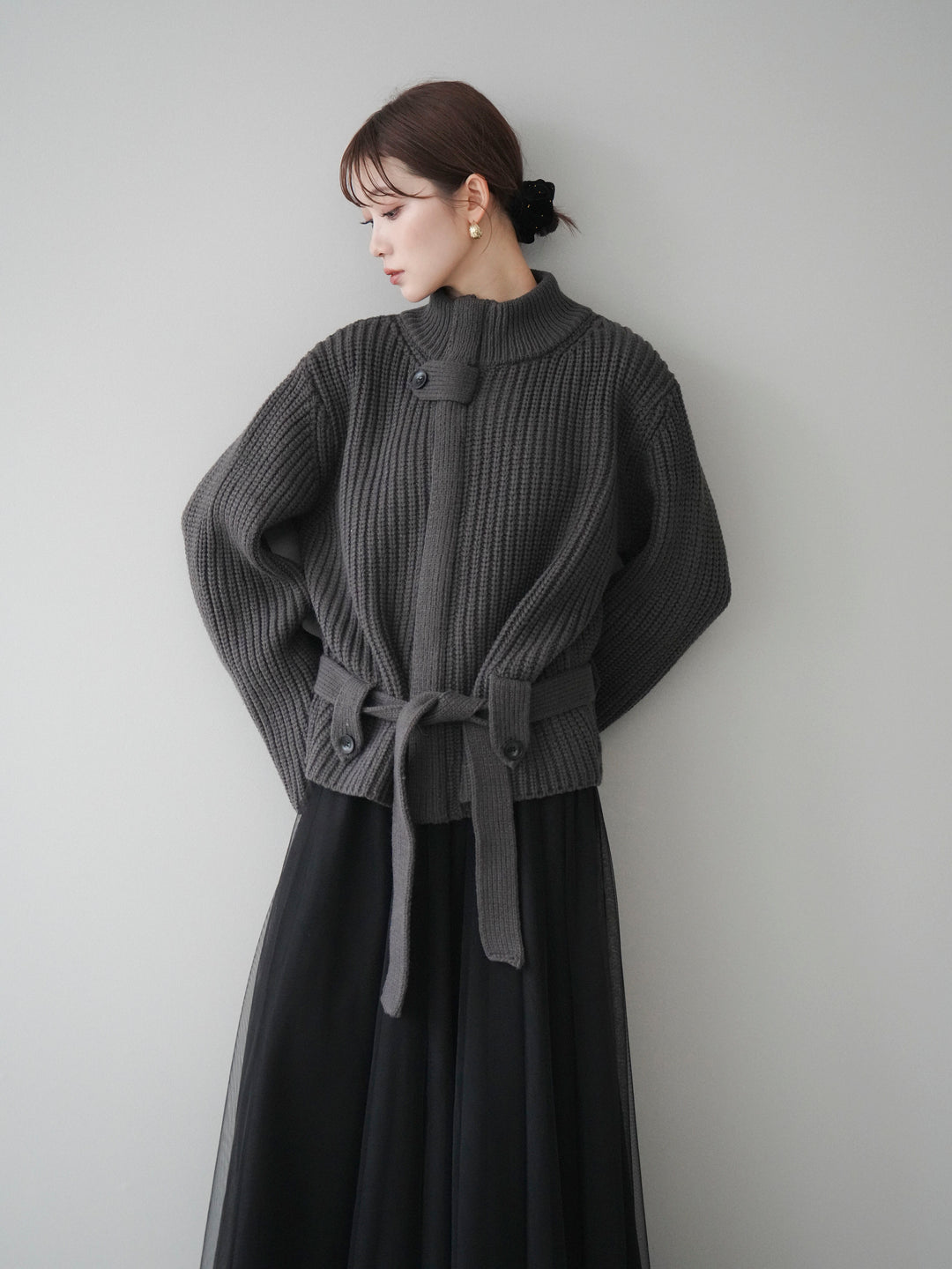 [予約]畦編みボトルネックZIPニットカーディガン/ gray