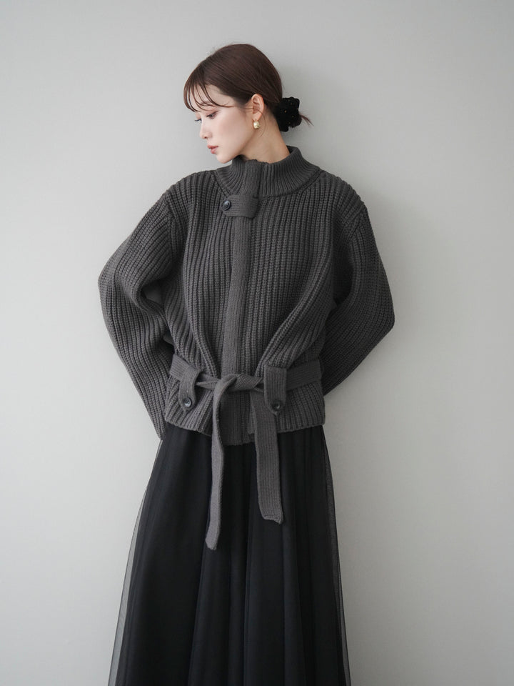 [予約]畦編みボトルネックZIPニットカーディガン/ gray