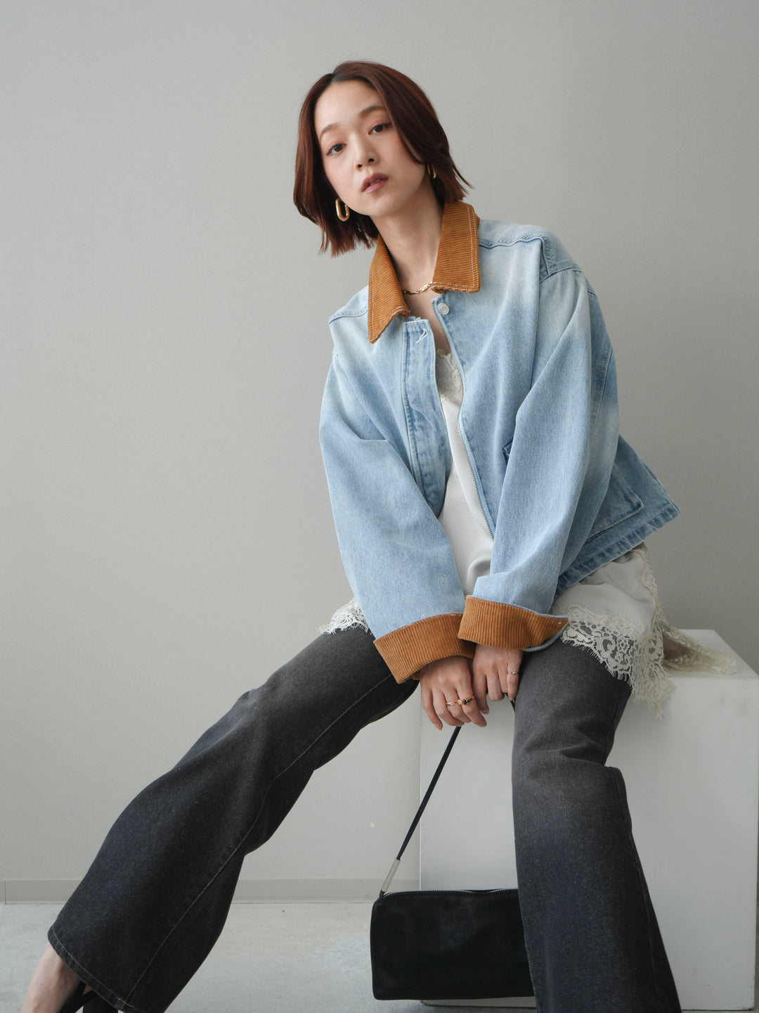 [予約]コーデュロイ×デニムショートカバーオール/bleach