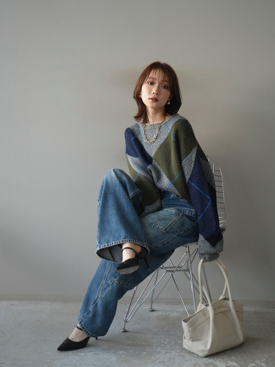 [予約]配色ステッチアーガイル柄ニットプルオーバー/gray