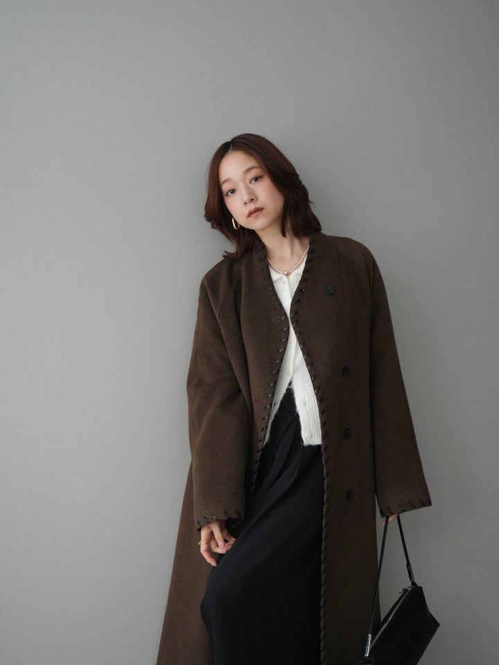 [SET]ハンドステッチ裏中綿ロングコート+モヘア衿付きボタンプルオーバー(2set)