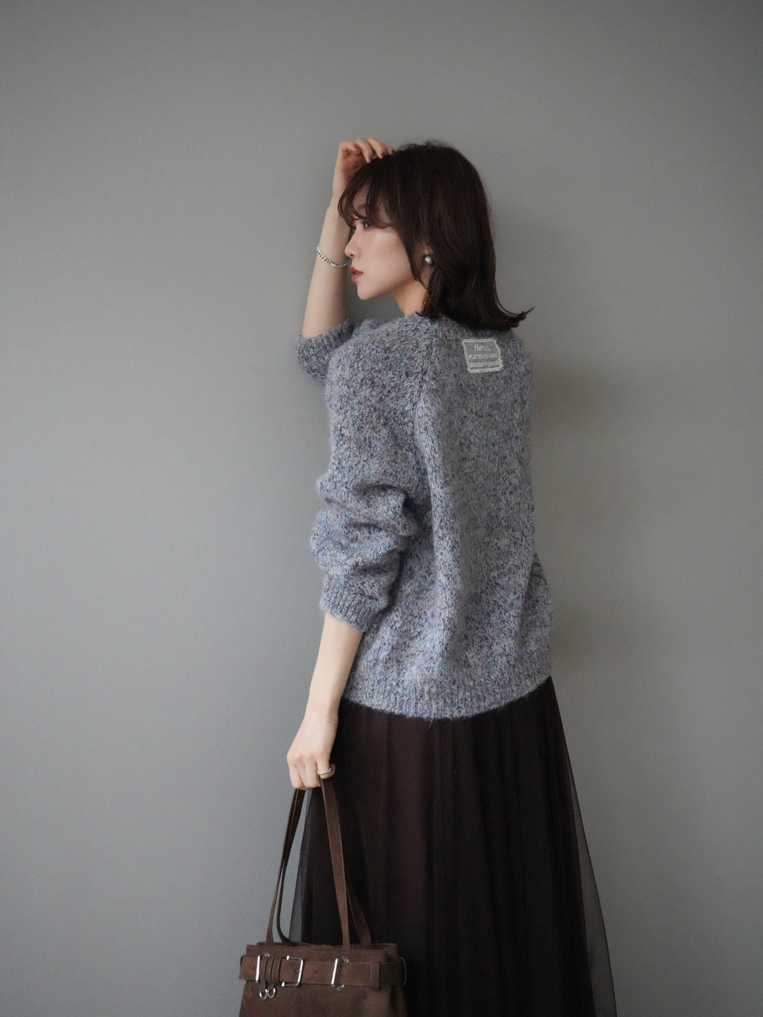 [SET]ロゴラベルミックスヤーンニットプルオーバー+チュールボリュームスカート(2set)